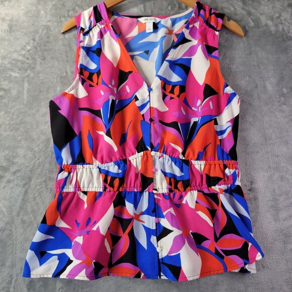 Nine West Womens Top L Multicolor Floral Print Sleeveless Peplum Summer Vibes - Picture 1 of 11